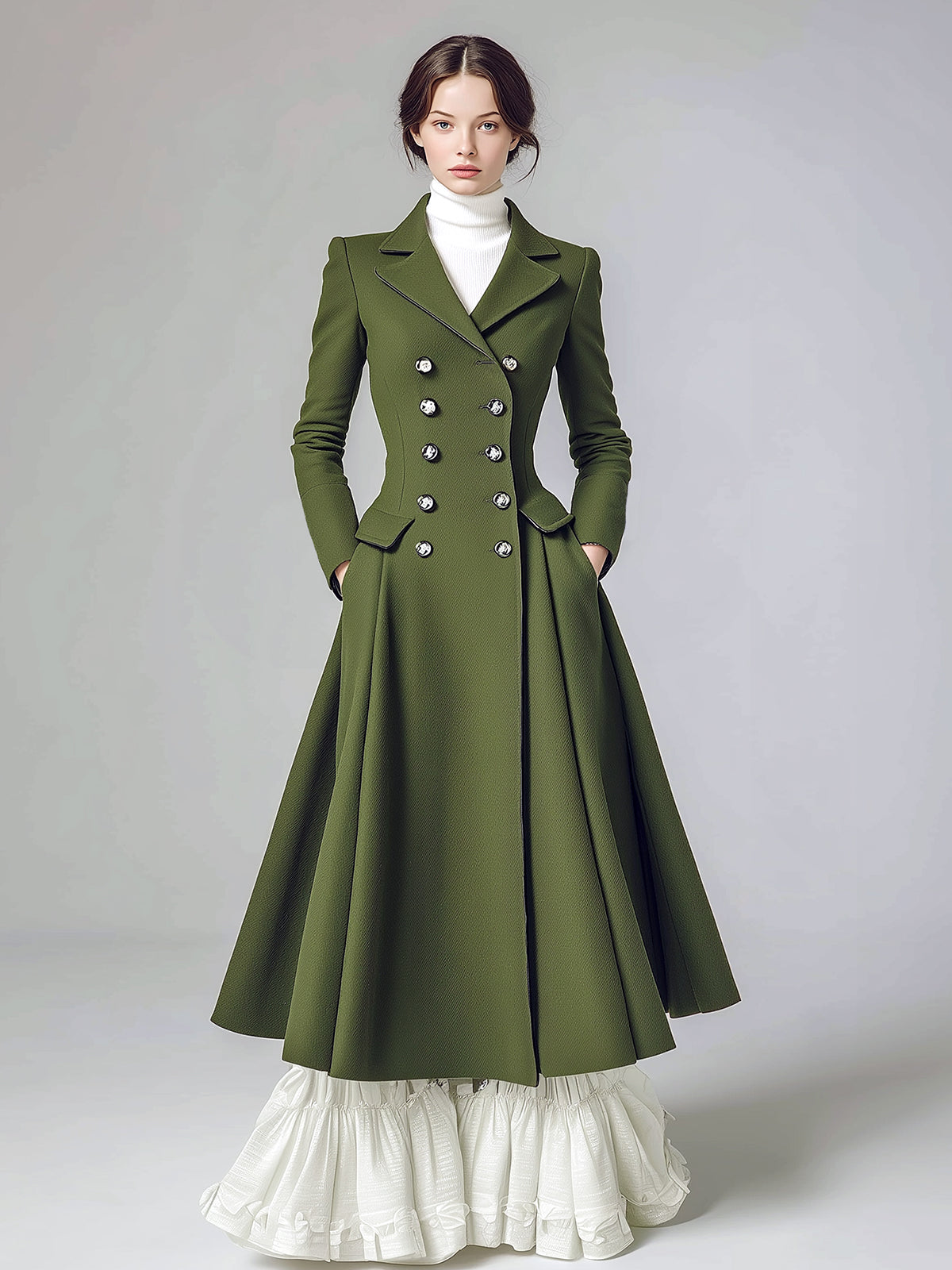 ElevenOra Vintage Green Wool Blend Notch Lapel Double-Breasted Tailored Waist Flared Hem Long Coat