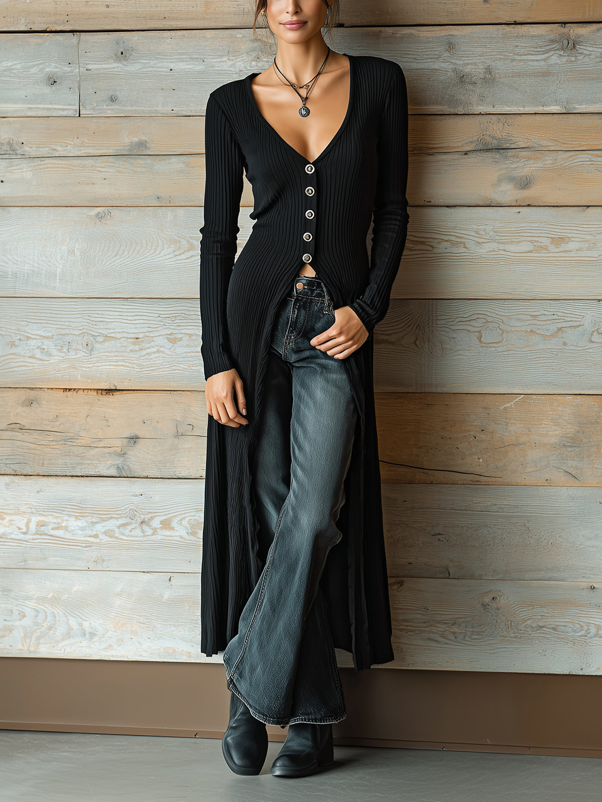 ElevenOra Chic Vintage Black V-Neck Long-Sleeve Single-Breasted Slim-Fit Ribbed Knit Maxi Cardigan
