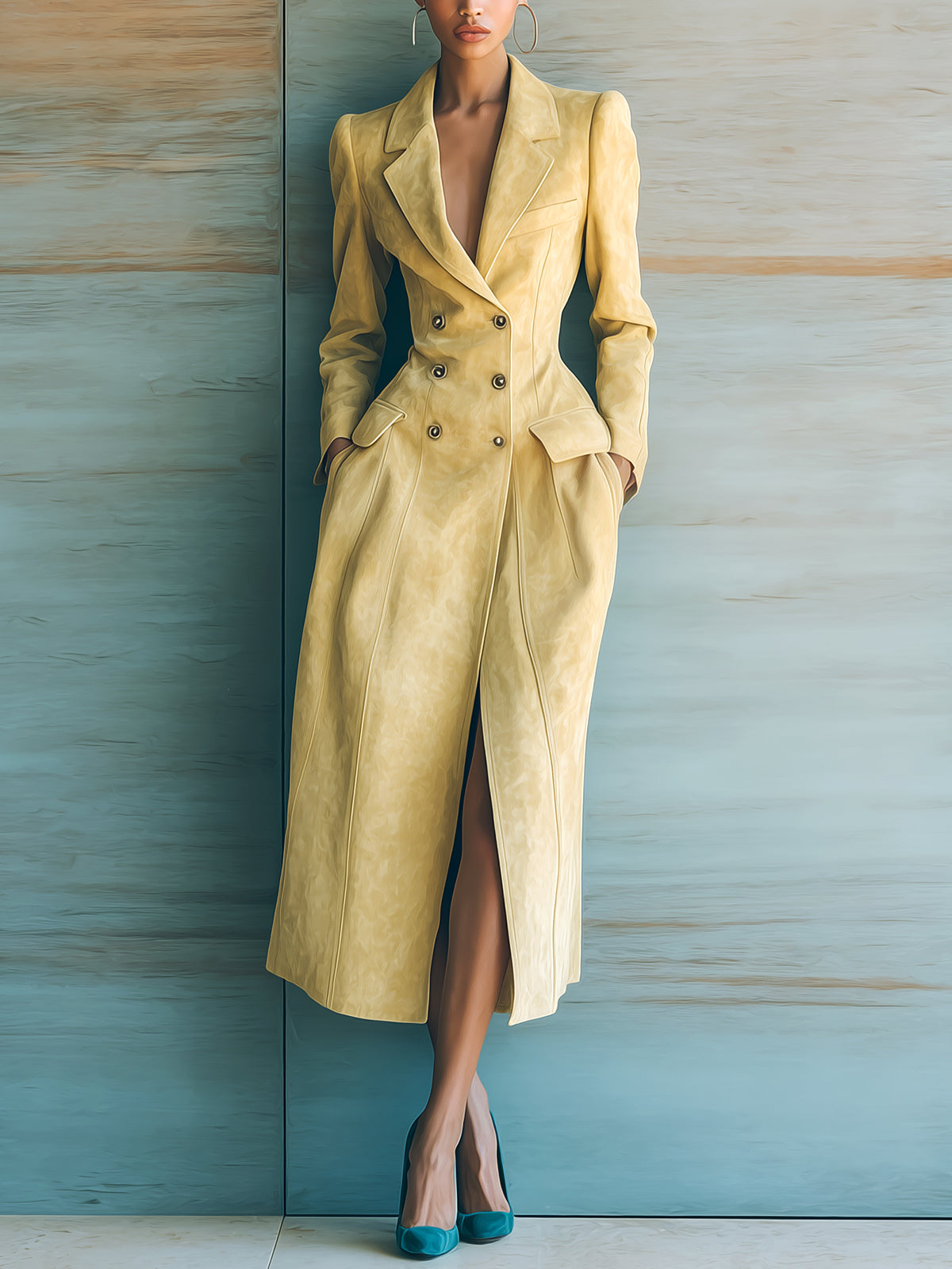 ElevenOra Elegant Vintage Mustard Yellow Faux Suede Notched Collar Double-Breasted Slim-Fit Maxi Blazer Dress