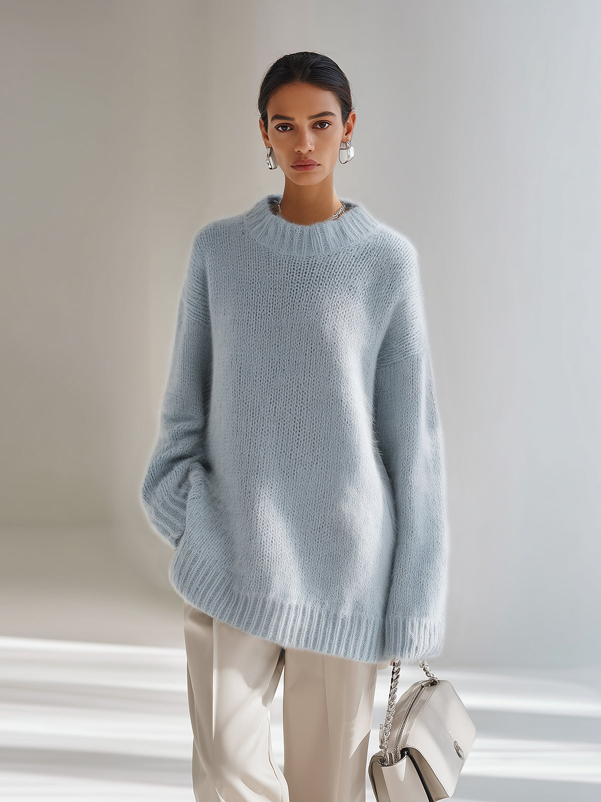 ElevenOra Chic Elegant Light Blue Round Neck Long Sleeve Oversized Fuzzy Knit Sweater