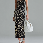 ElevenOra Fashion Retro Black And White Geometric Pattern Jacquard Sleeveless Slim-fit Bodycon Ribbed Knit Midi Dress