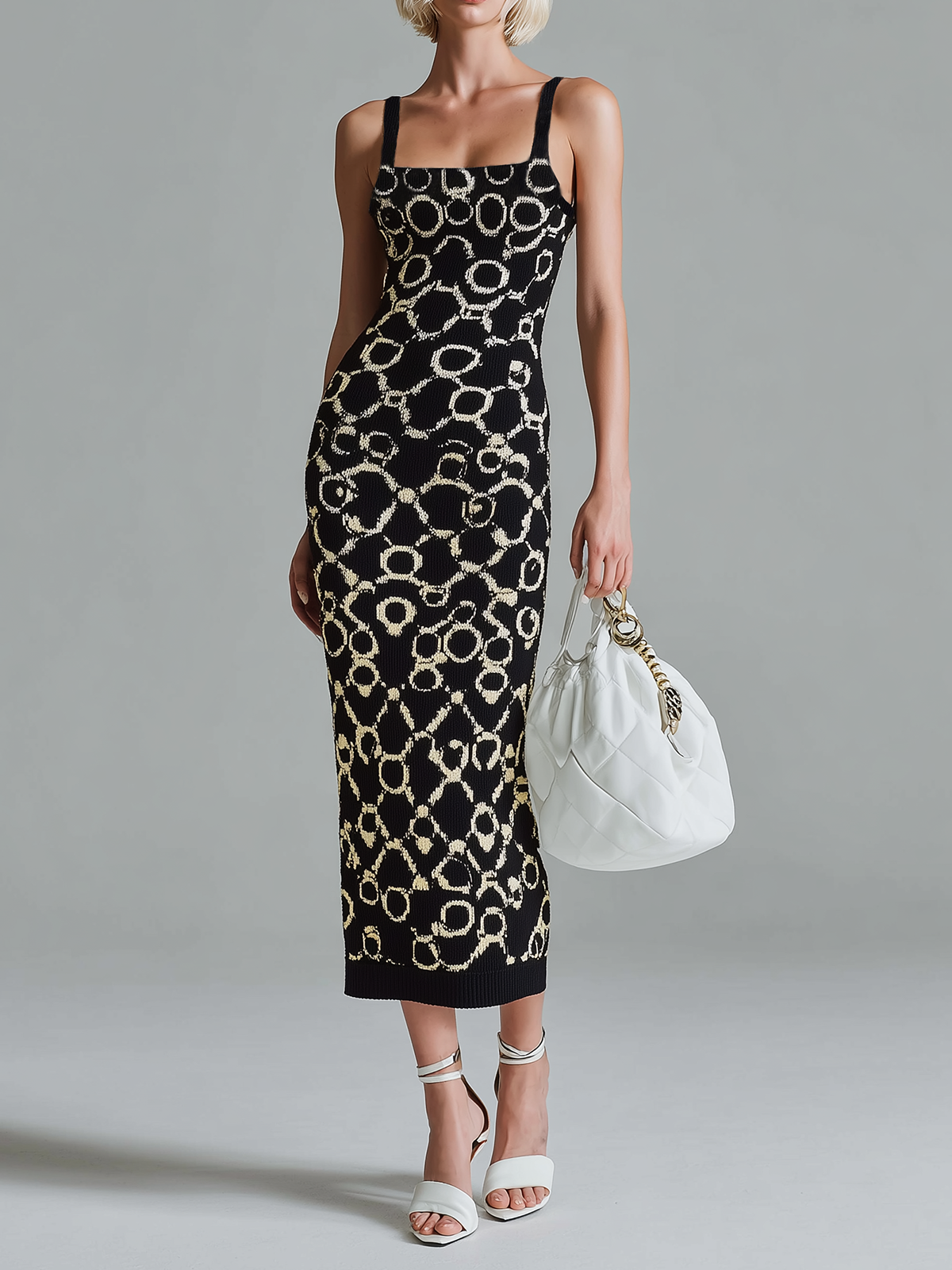 ElevenOra Fashion Retro Black And White Geometric Pattern Jacquard Sleeveless Slim-fit Bodycon Ribbed Knit Midi Dress