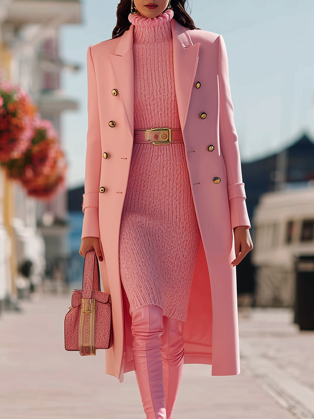 ElevenOra Stylish Pink Wool Blend Peak Lapel Double-breasted Mid-length Coat