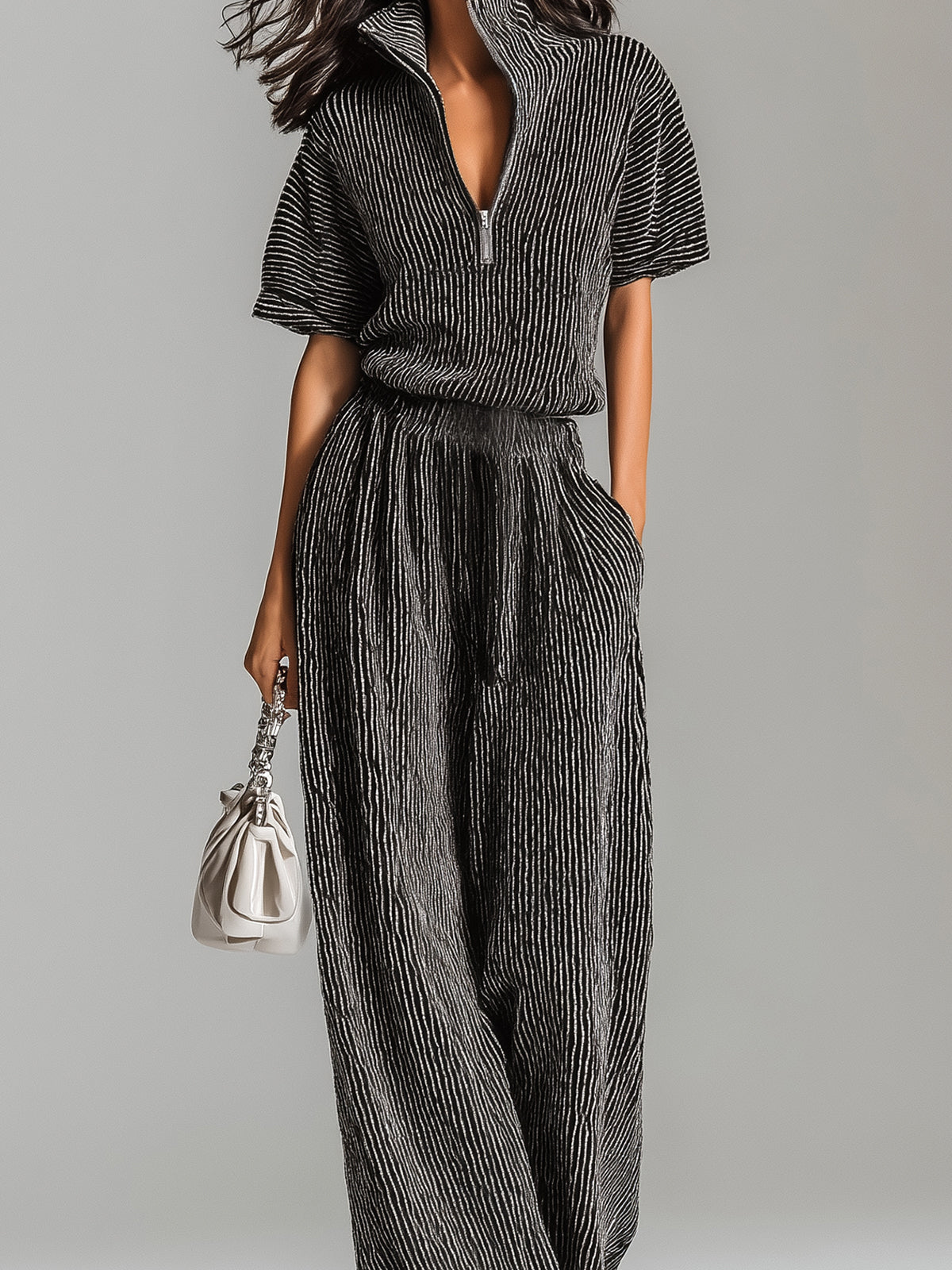 ElevenOra Chic Elegant Black Stripes Zipper-Up Stand Collar Short-Sleeve Loose-Fit Sweater And Wide-Leg Pants Knit Two-Piece Set