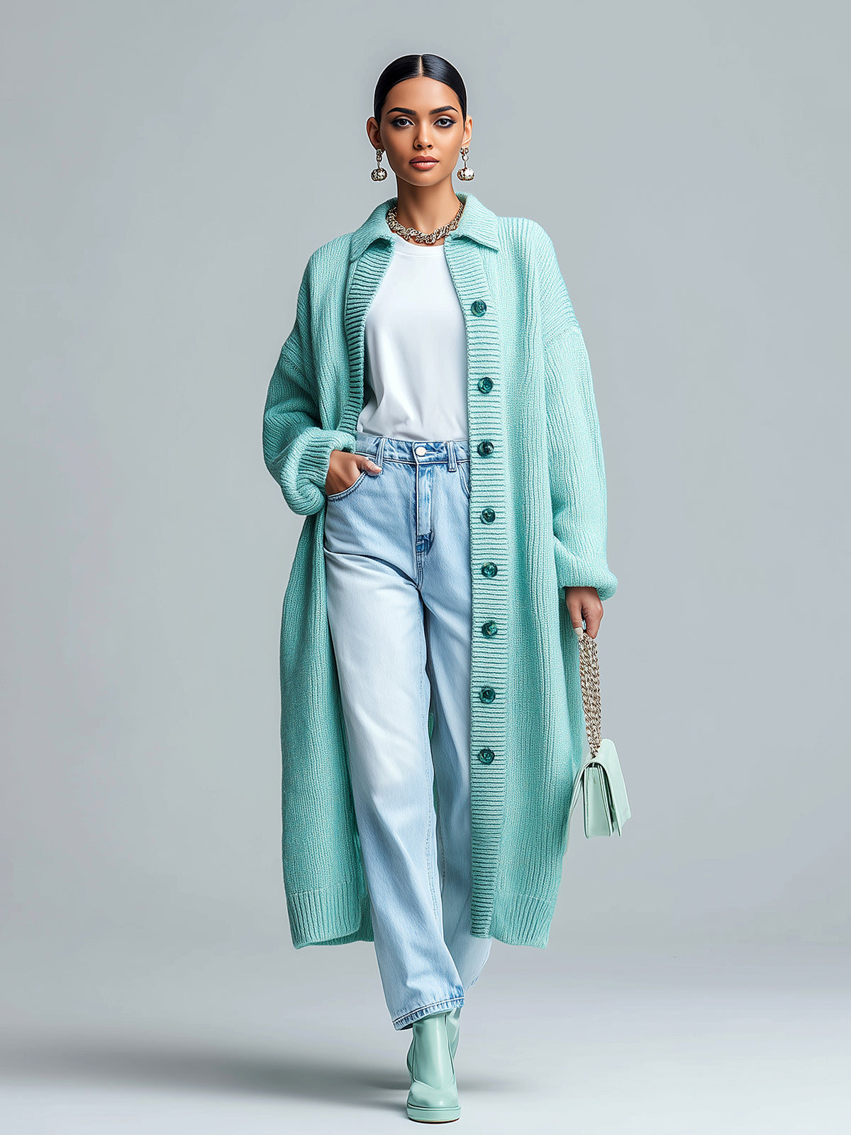 ElevenOra Chic Casual Mint Green Lapel Single-Breasted Maxi-Length Slouchy Knit Cardigan