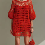 ElevenOra Chic Elegant Red Boat Neck Half Lantern Sleeve Loose-Fit Hollow Knit Mini Dress (Inner Slip Dress Included)
