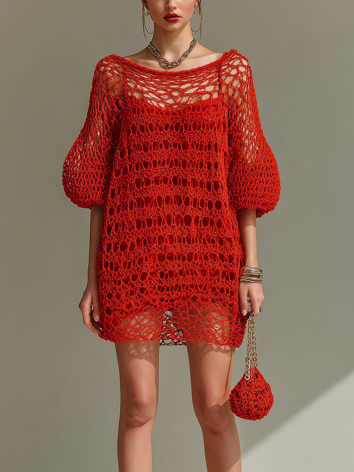 ElevenOra Chic Elegant Red Boat Neck Half Lantern Sleeve Loose-Fit Hollow Knit Mini Dress (Inner Slip Dress Included)