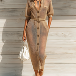 ElevenOra Chic Elegant Camel Lapel Collar Button-Up Half-Sleeve Slim Fit Tie Waist Hollow-Out Ribbed Knit Maxi Dress
