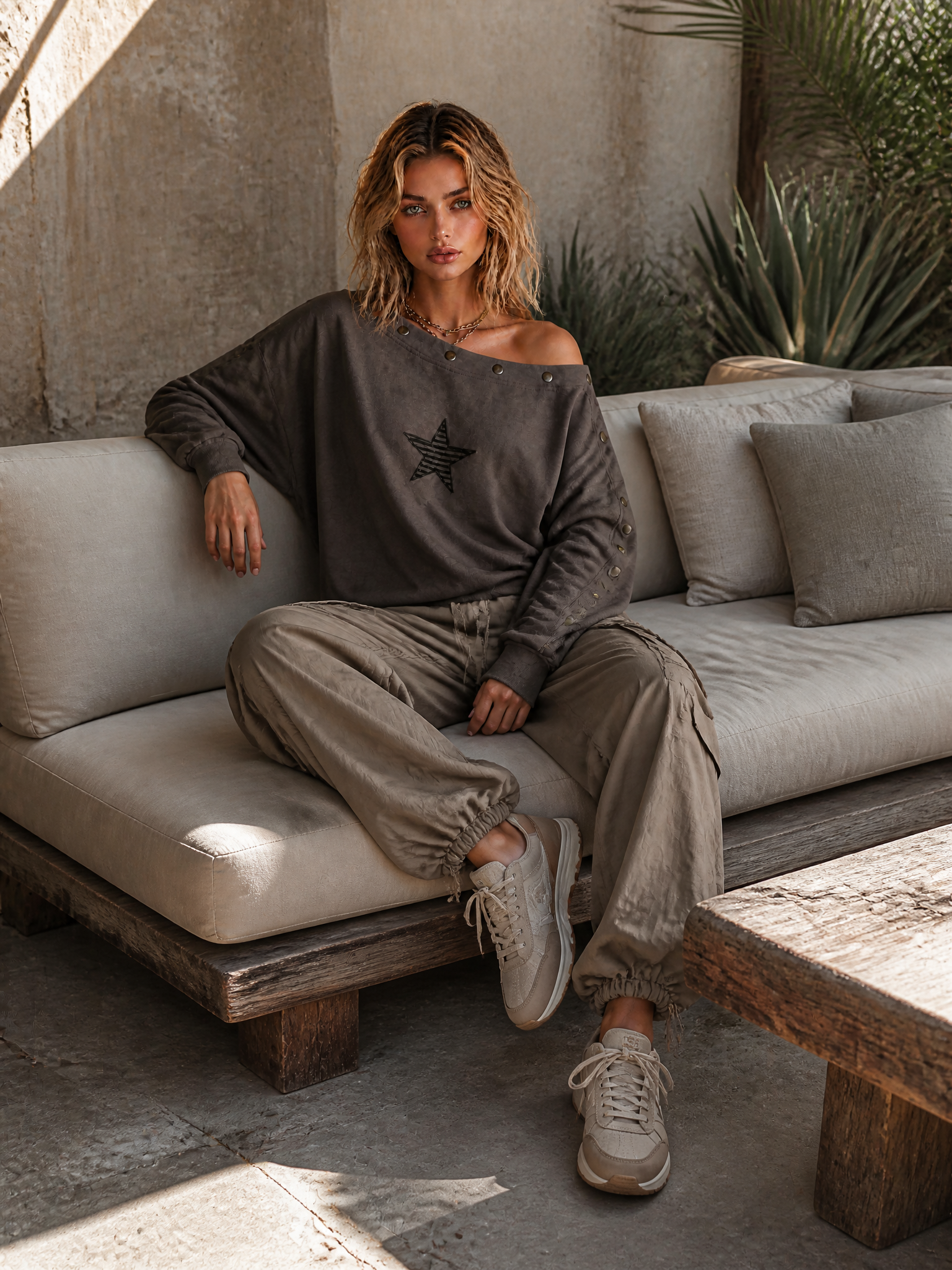 ElevenOra Chic Casual Charcoal Grey Off Shoulder Buttons Trim Star Embroidery Long Sleeve Loose-Fit French Terry Sweatshirt