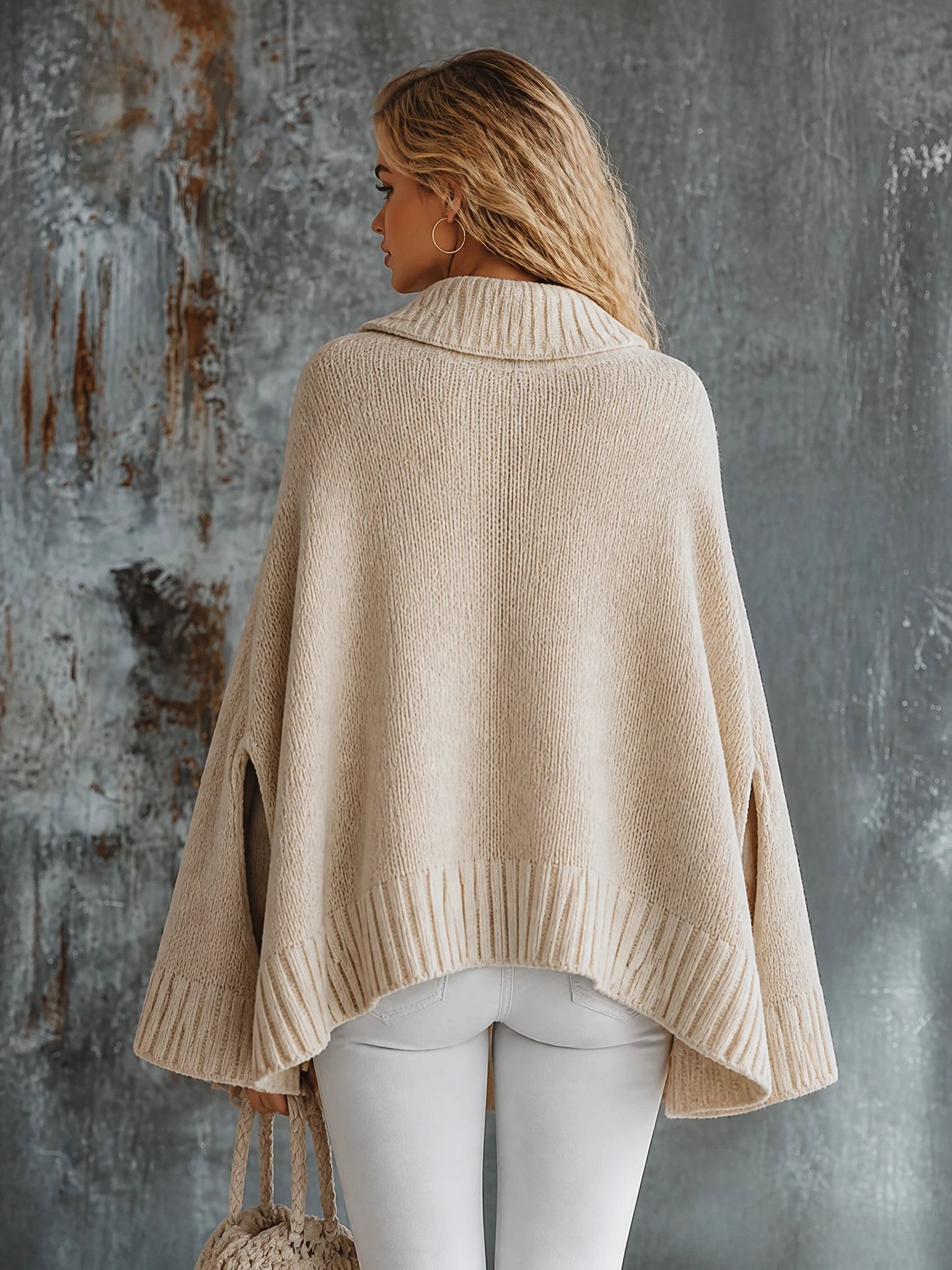ElevenOra Chic Elegant Oatmeal Beige Lapel Collar Front Zipper Long-Sleeve Loose-Fit Knit Cape Cardigan Top