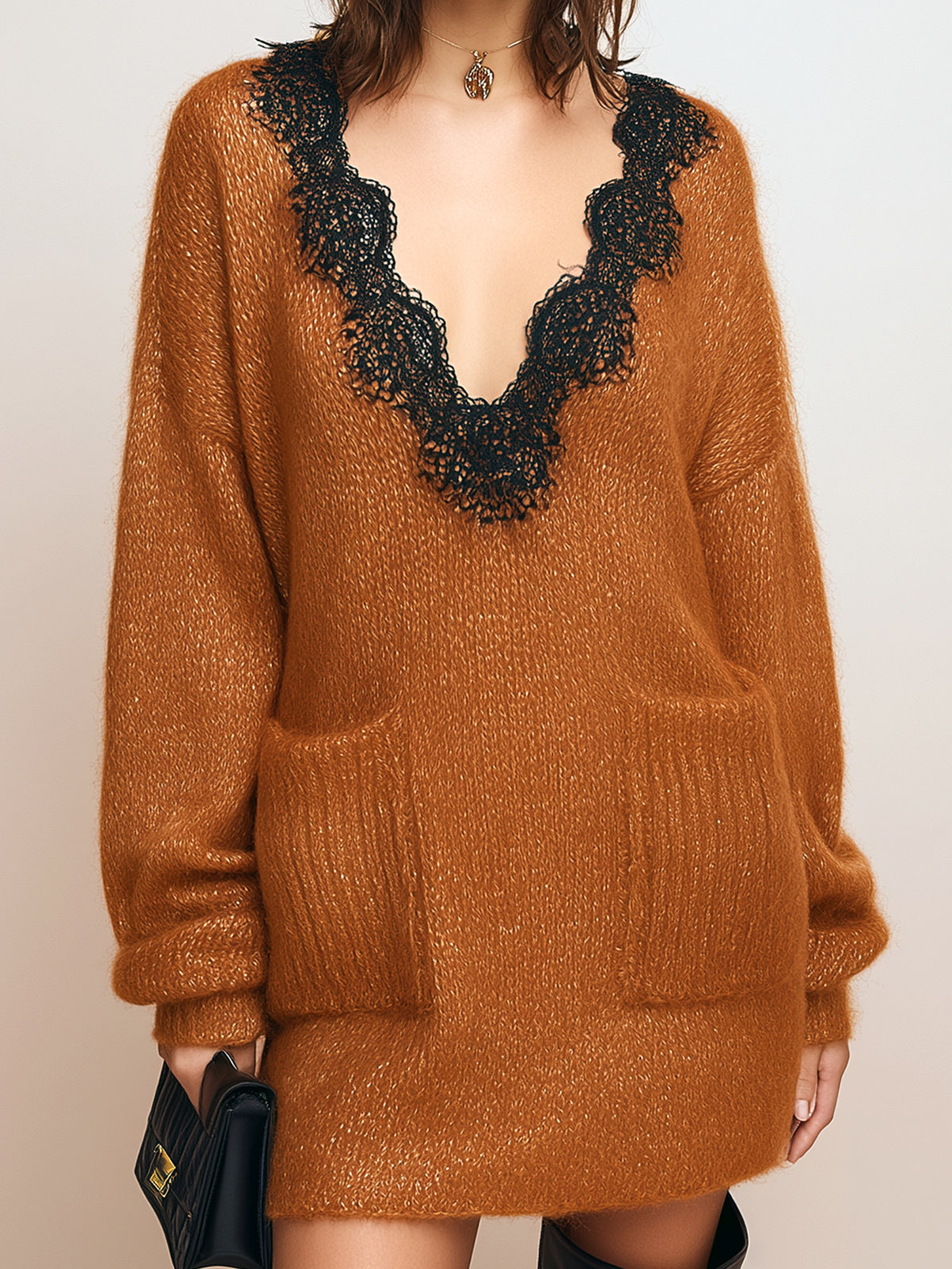 ElevenOra Chic Casual V-Neck Contrast Lace Trim Patch Pocket Long Sleeve Oversized Knit Mini Dress