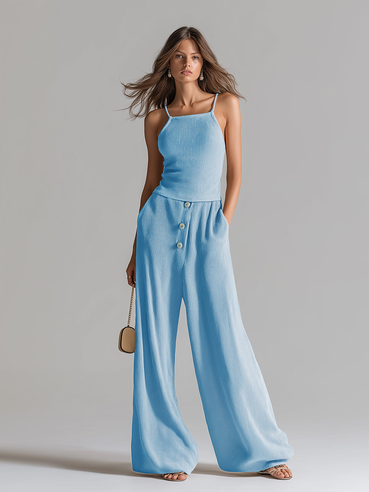 ElevenOra Chic Elegant Blue Slit-Fit Camisole Button-Front Wide-Leg Pants Ribbed Knit Two-Piece Set