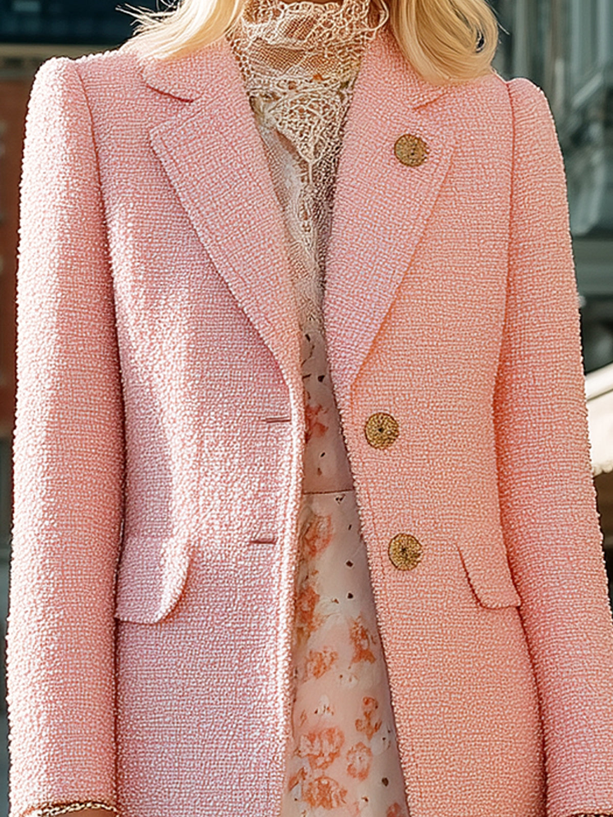ElevenOra Vintage Elegant Pink Tweed Notch Lapel Single-breasted Slim Mid-length Coat