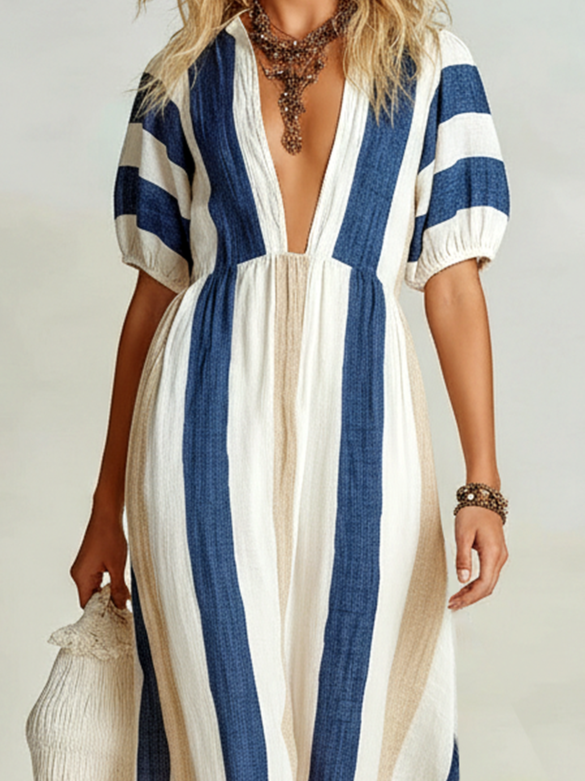 ElevenOra Chic Elegant Blue-White Striped V-Neck Short-Sleeve Loose A-Line Cotton Linen Maxi Dress