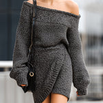 ElevenOra Elegant Off Shoulder Lantern Sleeves Asymmetrical Hem Marled Knit Mini Dress