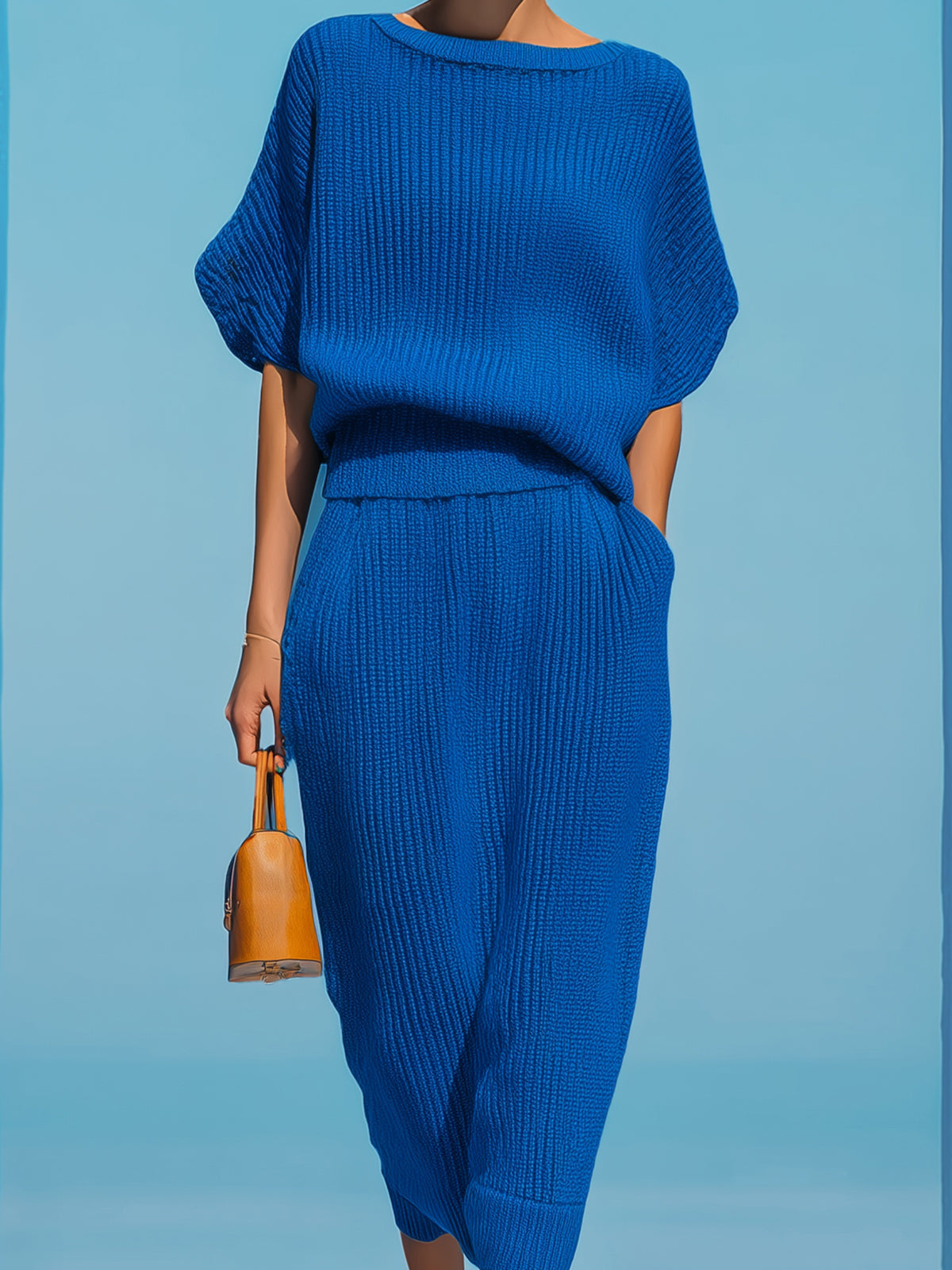 ElevenOra Chic Elegant Royal Blue Boat Neck Short-Sleeve Loose-Fit Sweater And Bodycon Midi Skirt Ribbed Knit Two-Piece Set