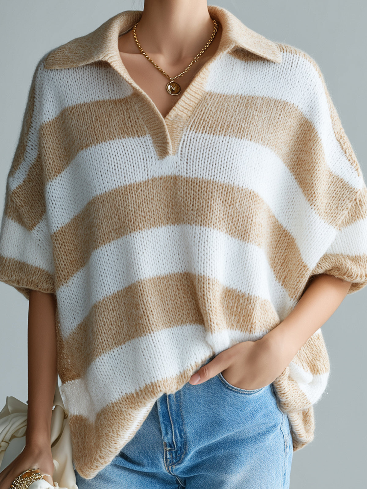 ElevenOra Chic Elegant Camel White Stripes Lapel V-Neck Short-Sleeve Oversize Knit Sweater Top