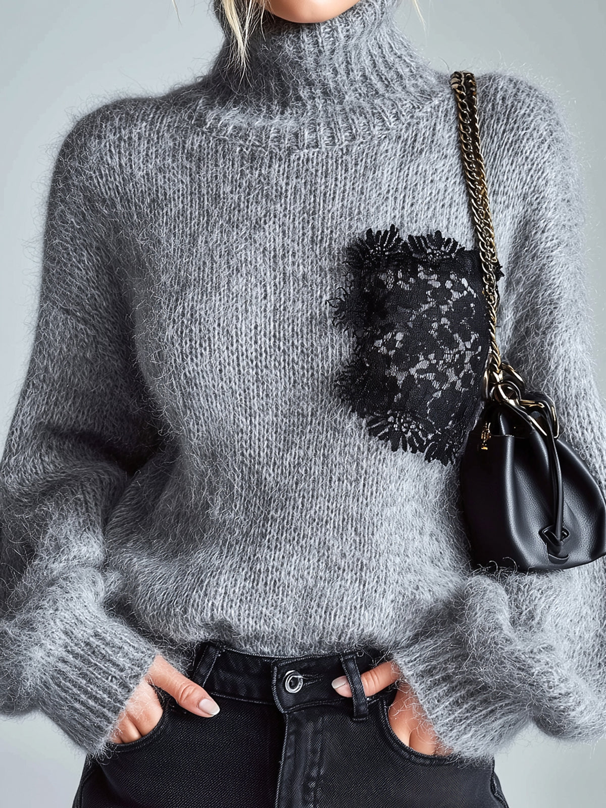 ElevenOra Casual Chic Gray Turtleneck Lace Patch Detail Long Sleeve Oversized Mohair Knit Sweater