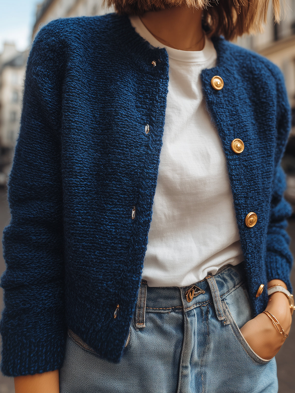 ElevenOra Chic Casual Dark Blue Crew Neck Gold Button Cropped Knit Cardigan