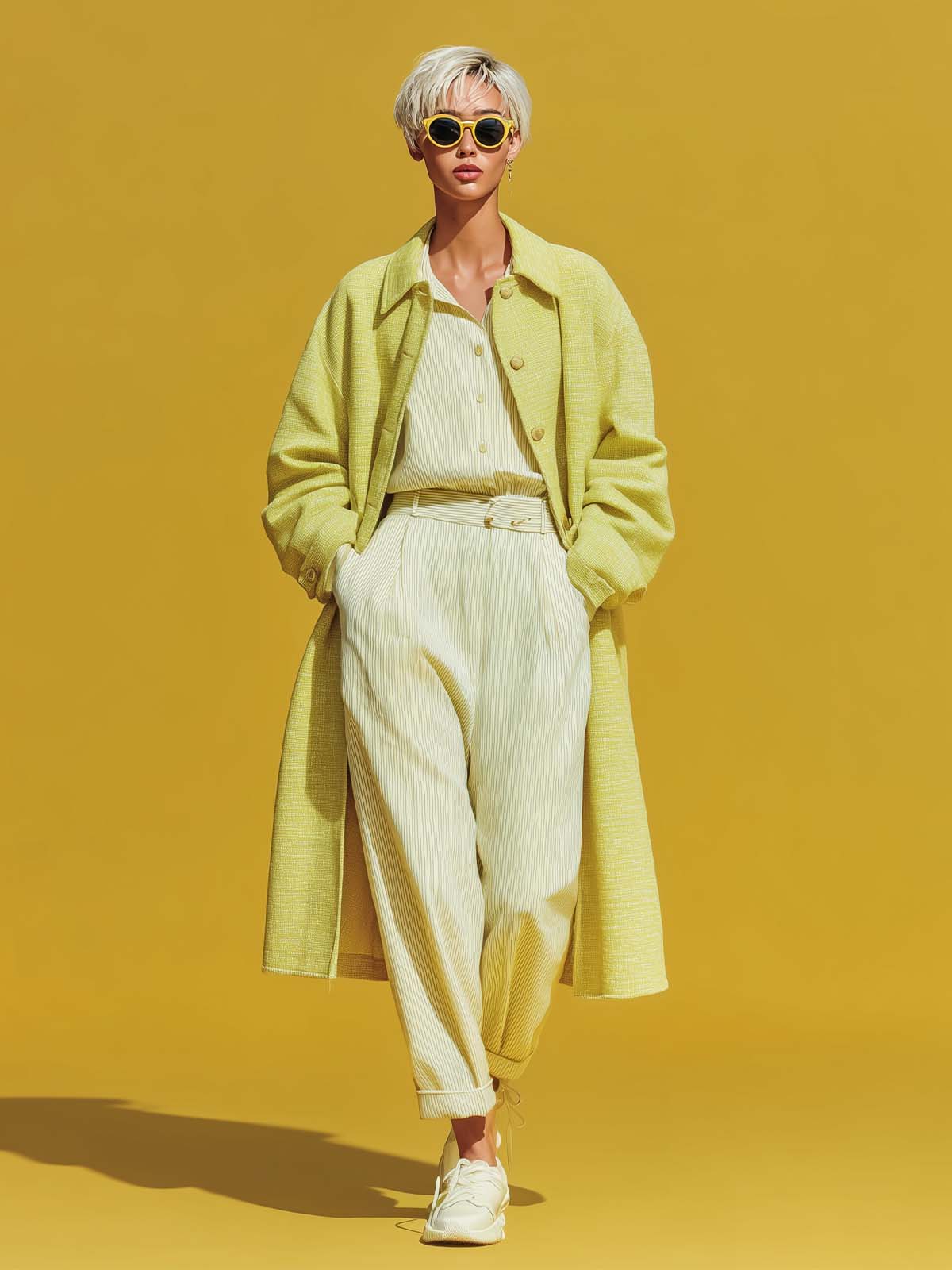 ElevenOra Chic Casual Yellow Cotton Blend Tweed Lapel Single-Breasted Oversized Long Coat