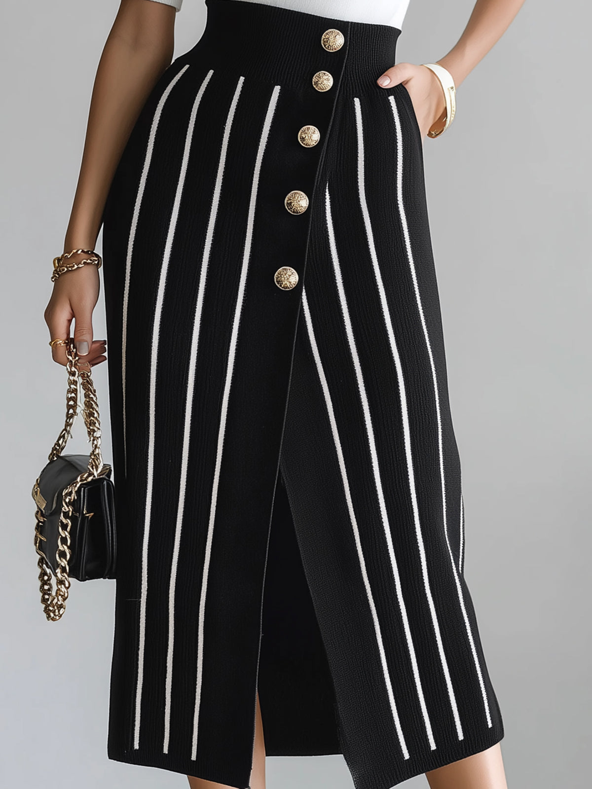 ElevenOra Chic Elegant Black Stripes High Waist Button-Front Slit Bodycon Knit Midi Skirt