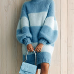 ElevenOra Chic Elegant Contrast Blue Stripes Turtleneck Long Lantern Sleeve Oversized Fuzzy Knit Mini Dress