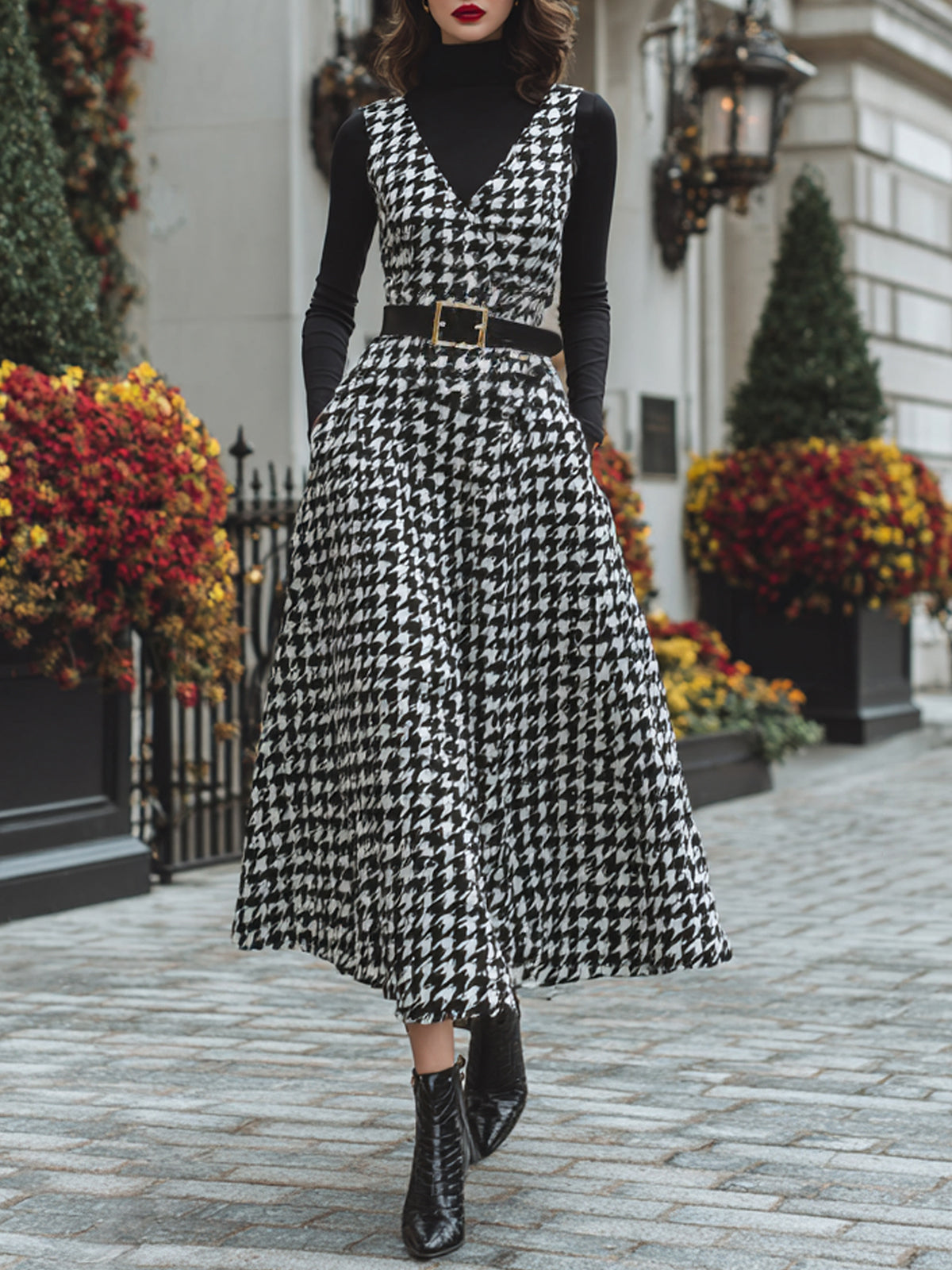ElevenOra Elegant Vintage Houndstooth Wool Blend Deep V-Neck Belted Pinafore Maxi Dress