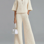 ElevenOra Stylish Elegant Pink Lapel Seven-Quarter Sleeve Half-Zip Loose Sweater And Wide-Leg Pants Two-Piece Set