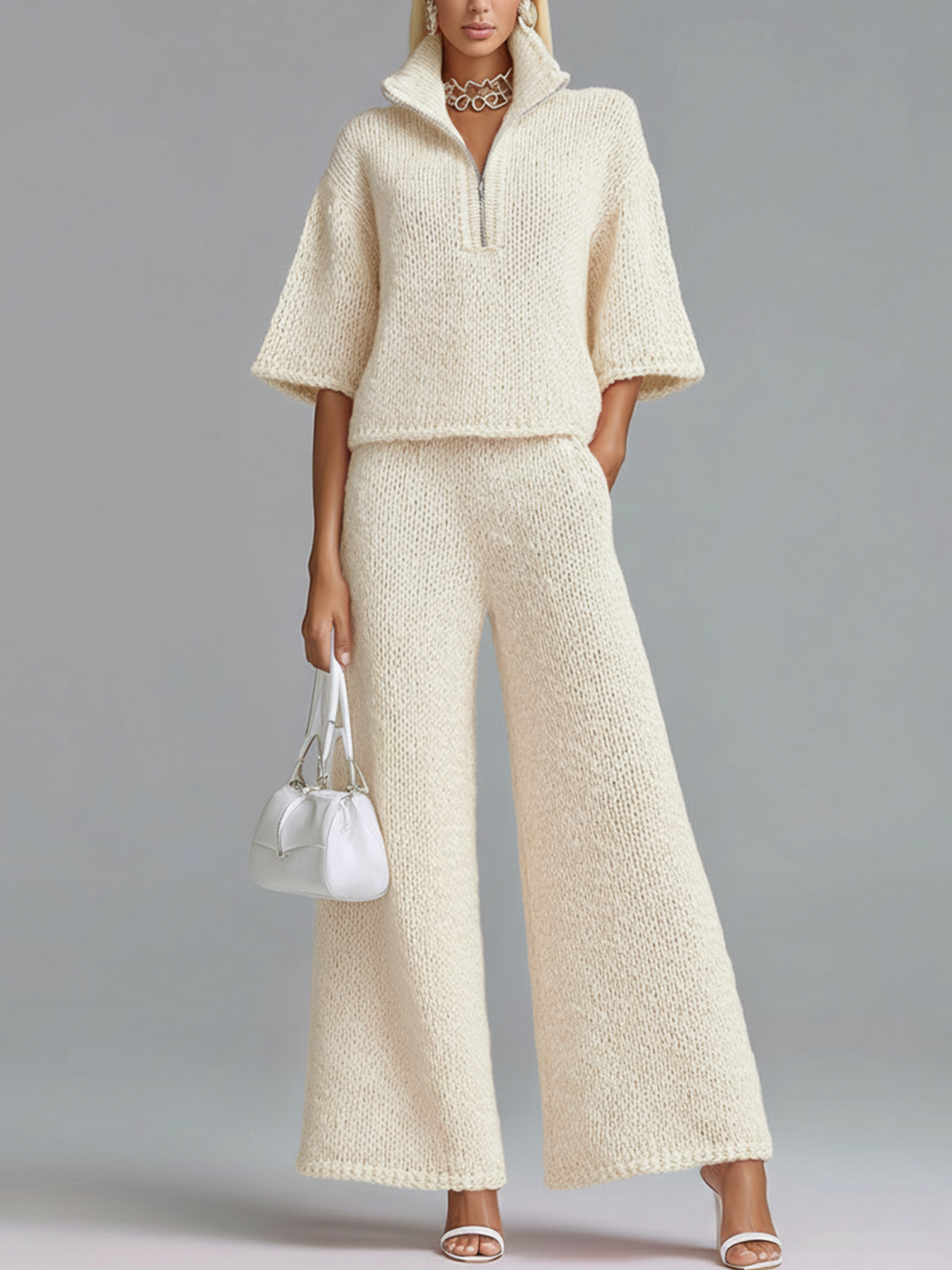 ElevenOra Stylish Elegant Barbie Pink Lapel Seven-Quarter Sleeve Half-Zip Loose Sweater And Wide-Leg Pants Two-Piece Set