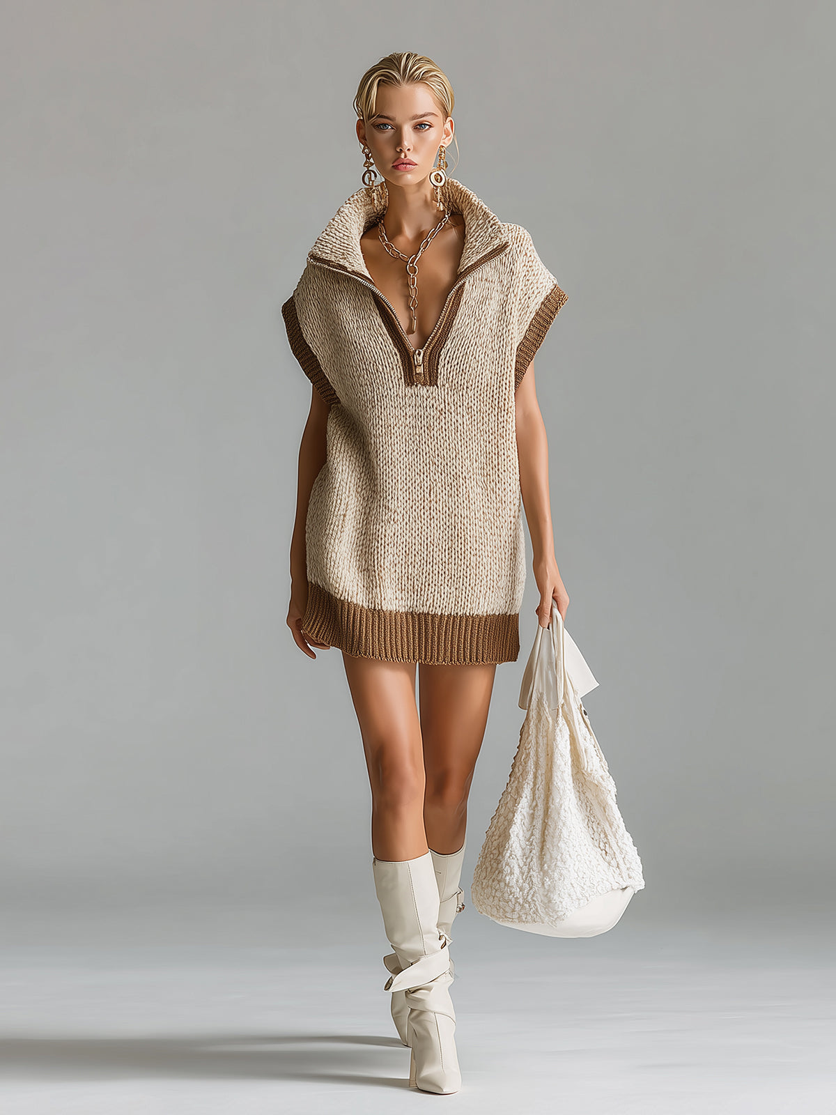 ElevenOra Chic Casual Light Khaki Colorblock Lapel Zipper-Up V-Neck Oversize Knit Mini Dress