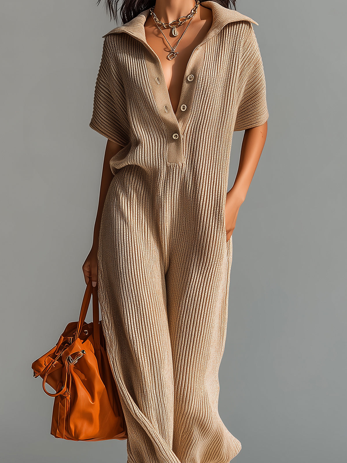 ElevenOra Chic Elegant Camel Lapel Button-Up V-Neck Short-Sleeve Loose-Fit Lantern Pants Ribbed Knit Jumpsuit