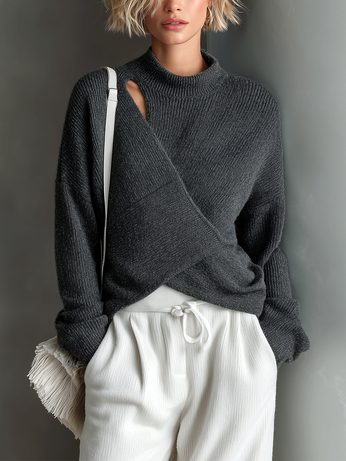 ElevenOra Chic Casual Dark Gray Mock Neck Cross-Front Cutout Loose Long-Sleeve Knit Sweater