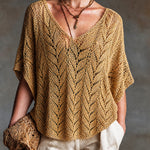 ElevenOra Chic Casual Mustard Yellow V-neck Short-sleeved Loose-Fit Knit Sweater