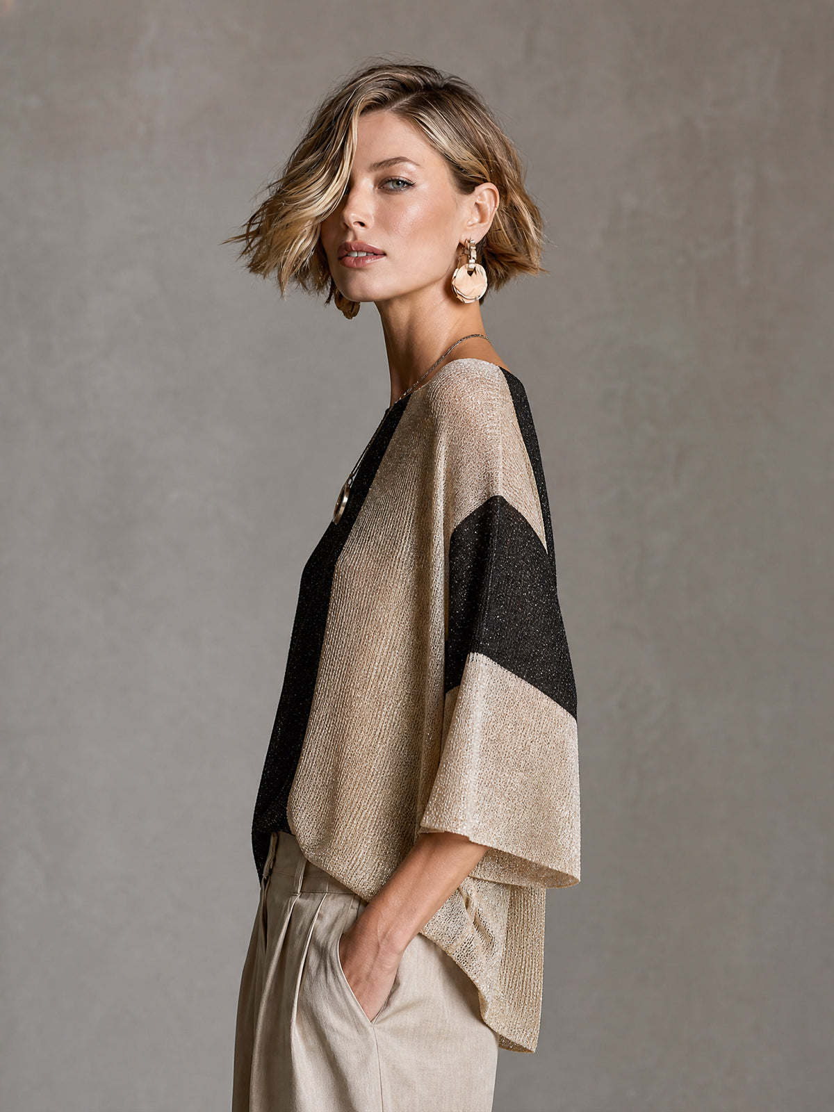 ElevenOra Chict Gold Black-Beige Colorblock Boat Neck Three Quarter Sleeve Loose-Fit Knit Sweater Top
