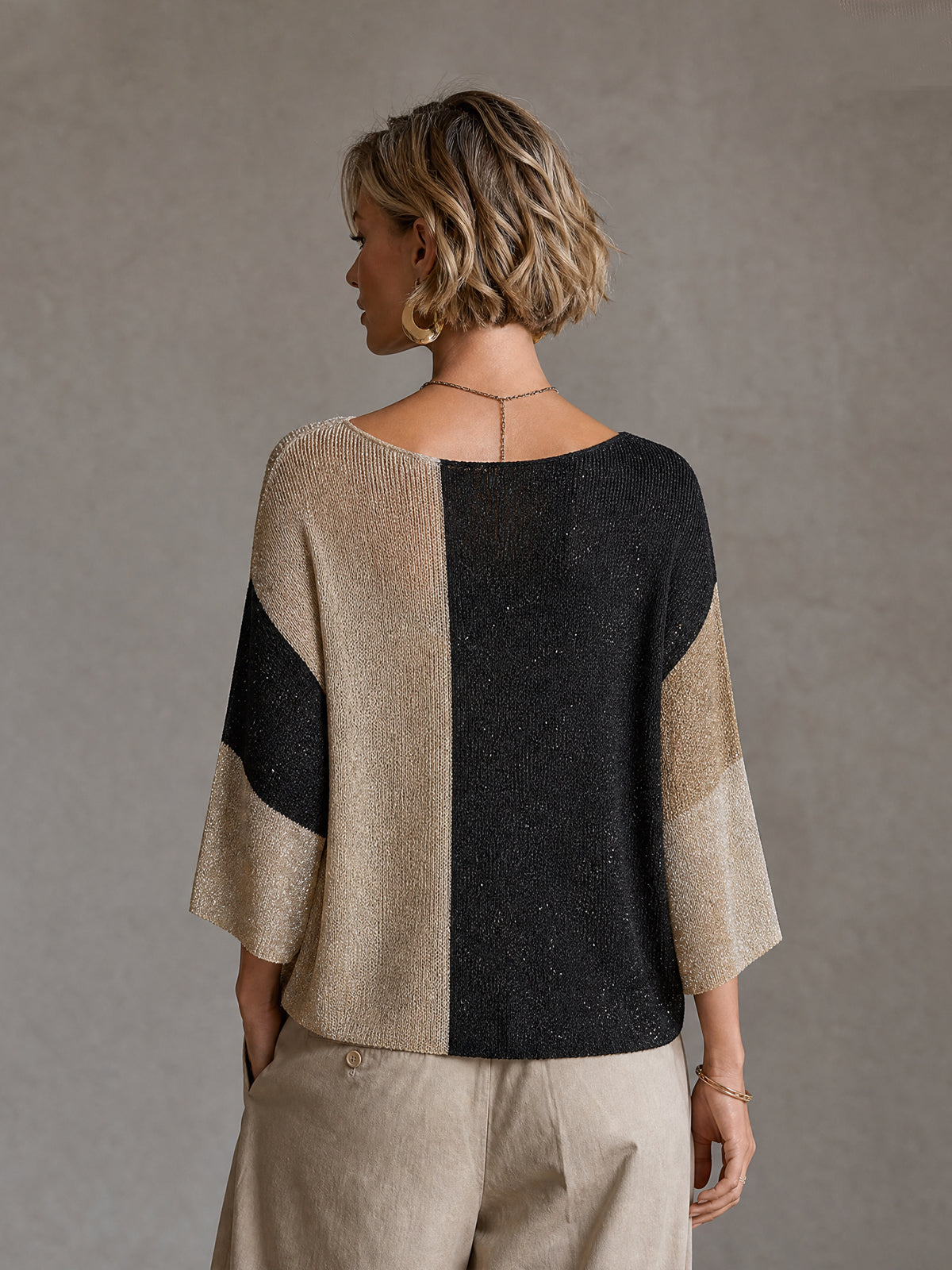 ElevenOra Chict Gold Black-Beige Colorblock Boat Neck Three Quarter Sleeve Loose-Fit Knit Sweater Top