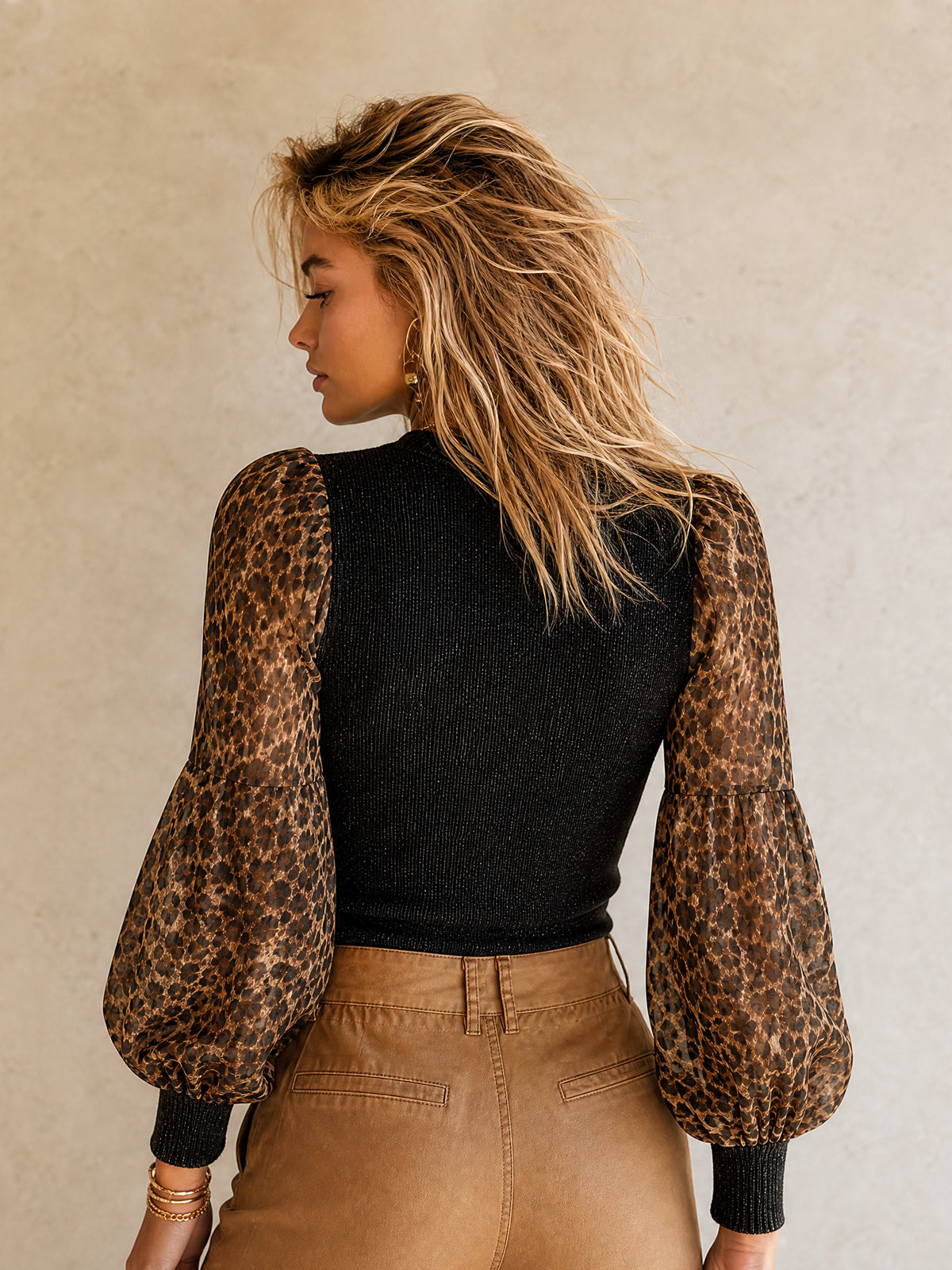 ElevenOra Chic Black-Brown Leopard Chiffon Patchwork Round Neck Long Puff Sleeve Slim-Fit Sweater Top