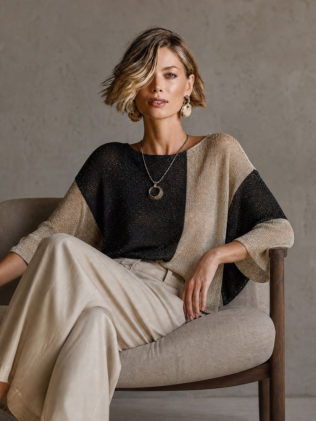 ElevenOra Chict Gold Black-Beige Colorblock Boat Neck Three Quarter Sleeve Loose-Fit Knit Sweater Top