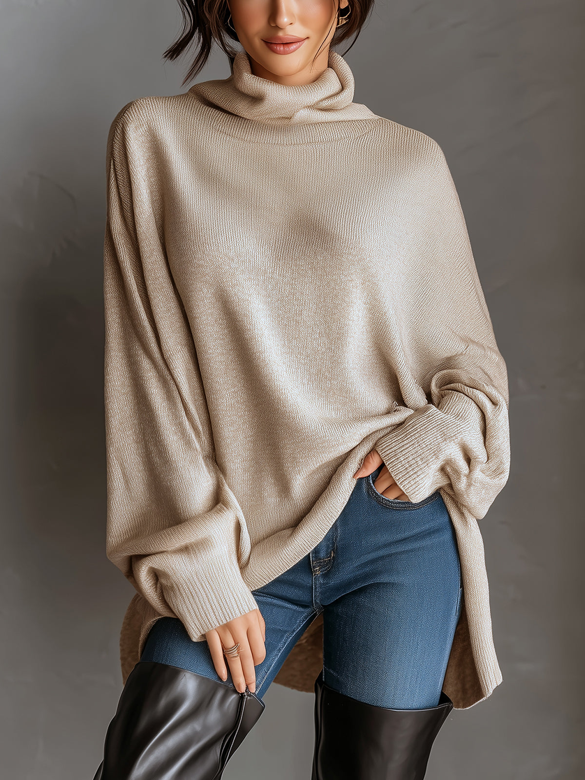 ElevenOra Chic Casual Beige Turtleneck Oversized Batwing Sleeve Irregular Hem Knit Sweater Top