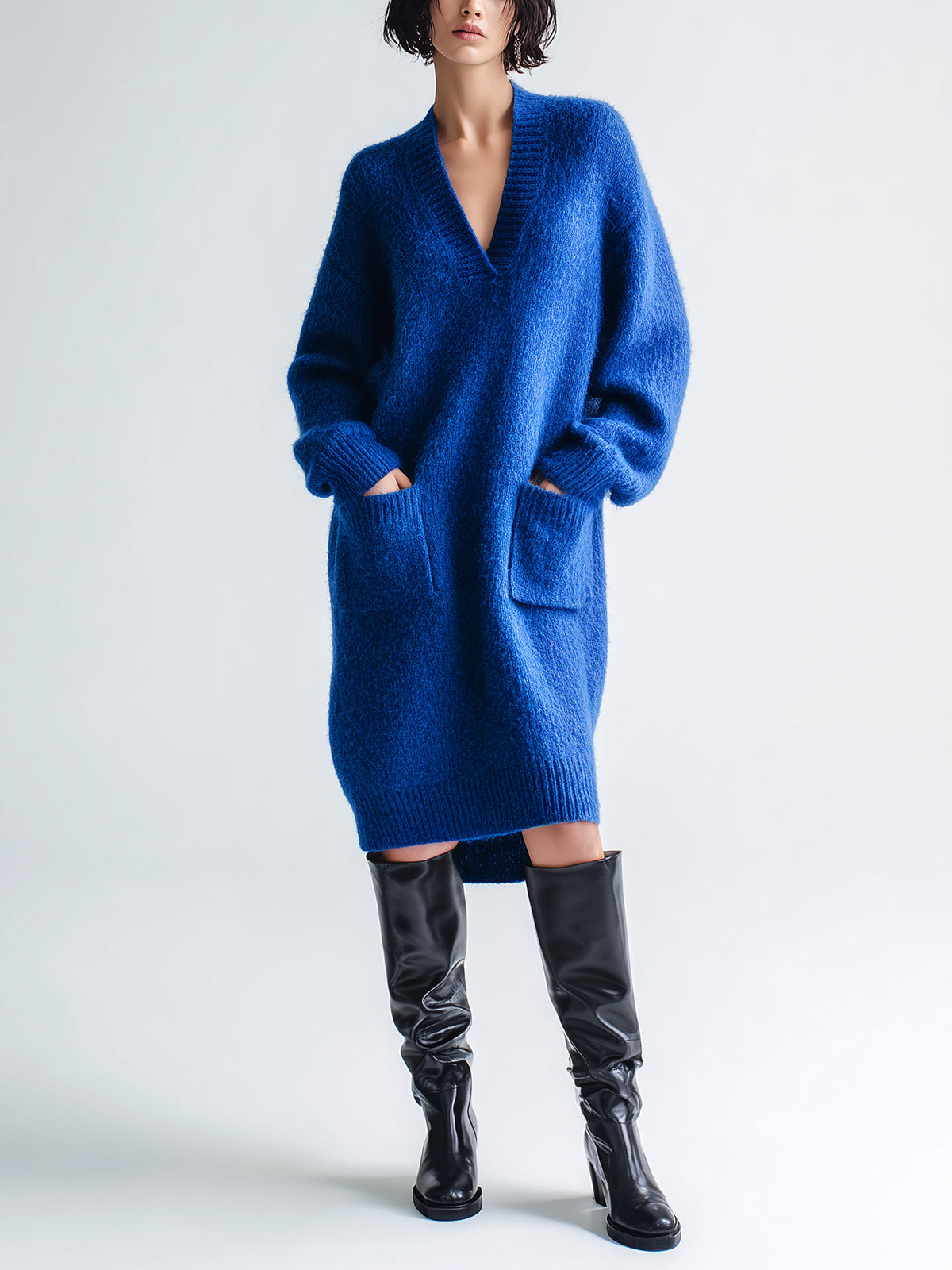 ElevenOra Chic Vintage Royal Blue V-Neck Long Sleeve Patch Pocket Oversized Knit Midi Dress