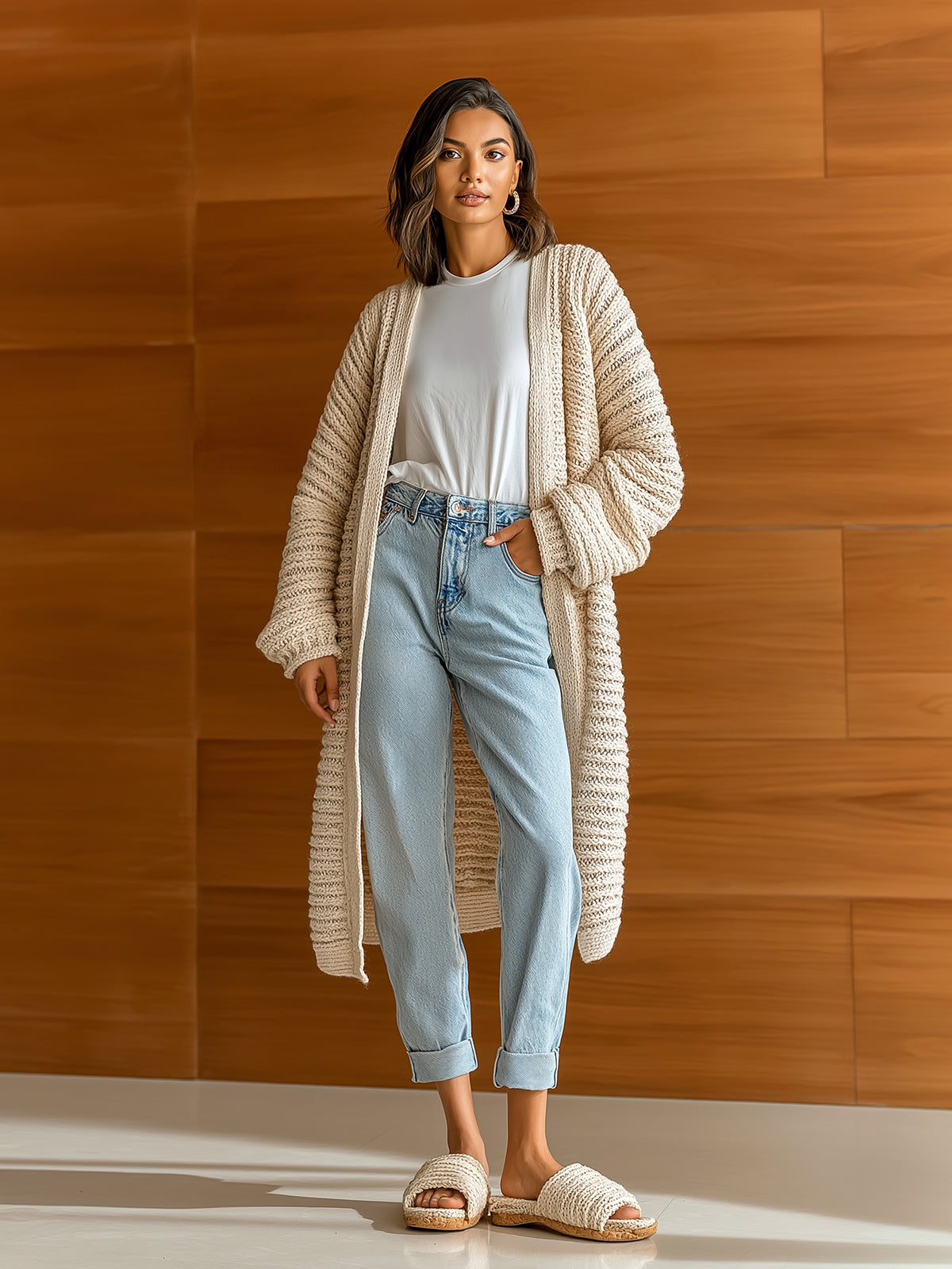ElevenOra Chic Vintage Beige Hollow Out Stripes Collarless Long-Sleeve Oversize Knit Mid-Length Cardigan