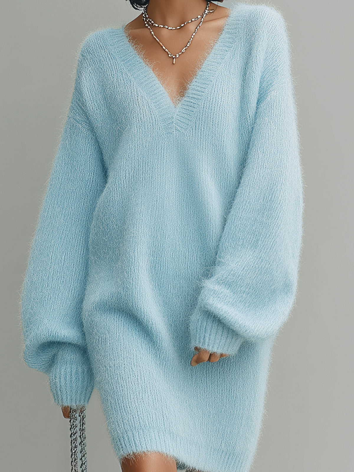 ElevenOra Chic Elegant Light Blue V-Neck Long Lantern Sleeve Oversize Fuzzy Knit Mini Dress