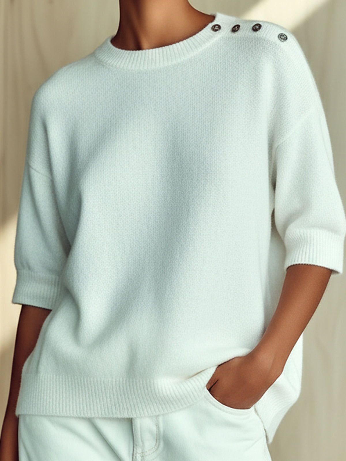 ElevenOra Chic Casual White Round Neck Button Details Short Sleeve Oversize Knit Sweater Top