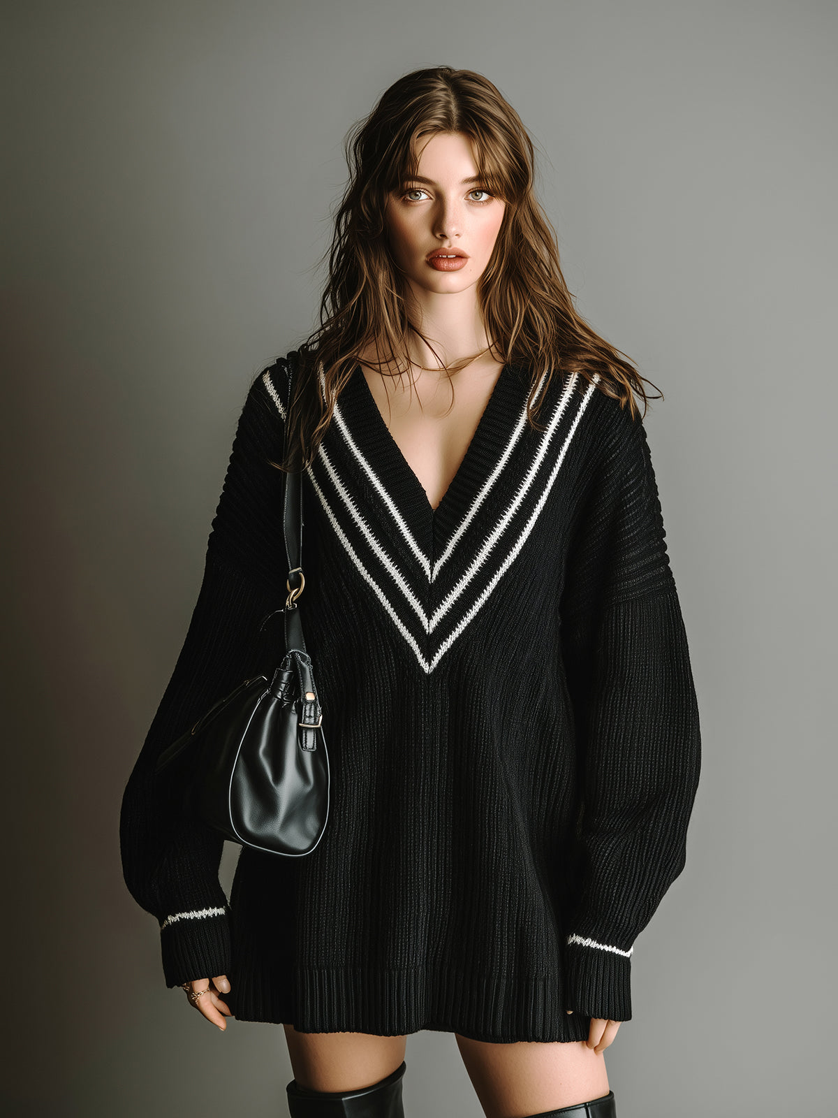 ElevenOra Stylish Deep V-Neck Contrast Stripes Oversized Long Sleeve Knit Mini Dress