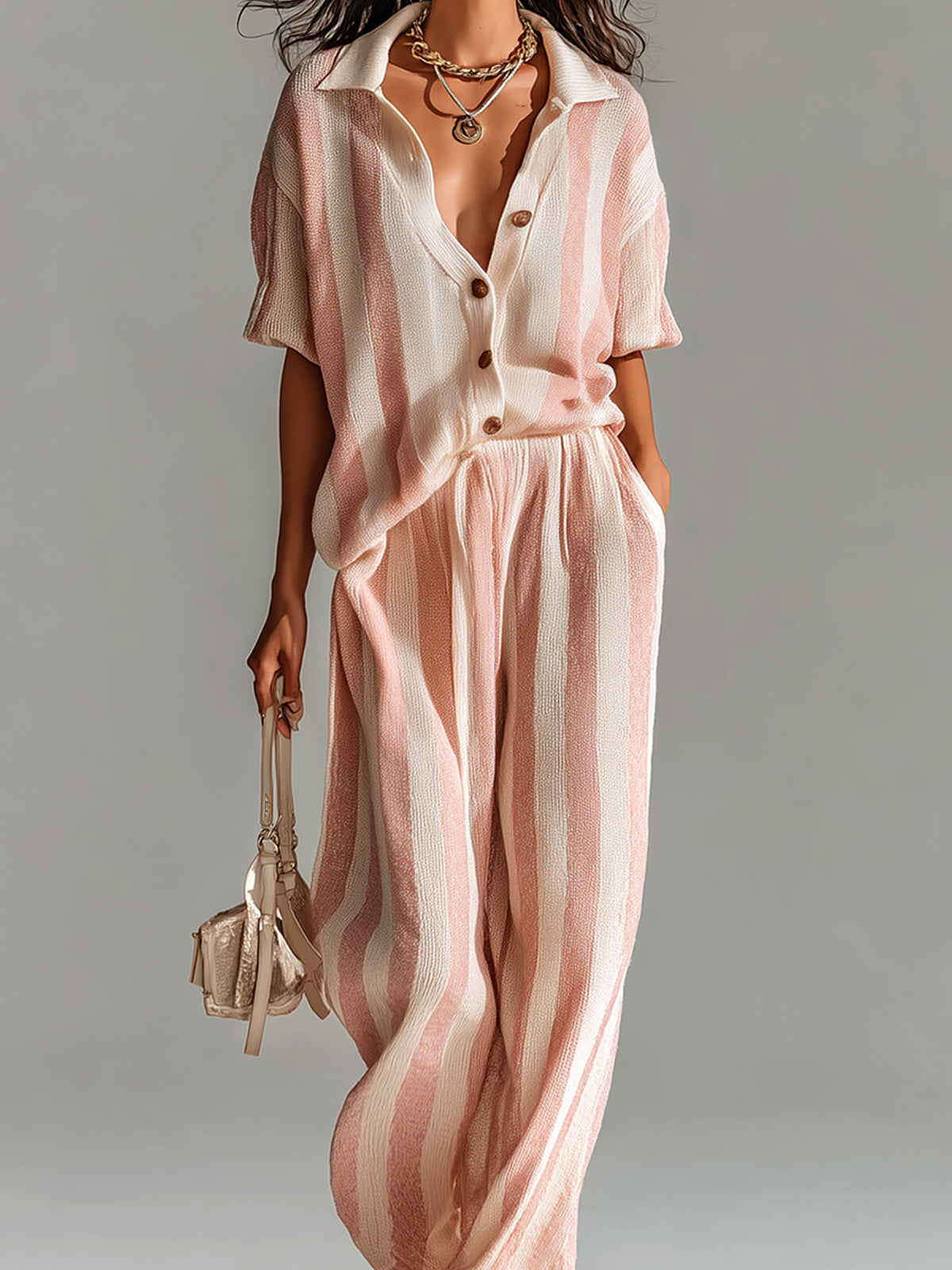 ElevenOra Chic Casual Pink-Beige Stripes Lapel Single-Breasted Short-Sleeve Top Wide-Leg Pants Ribbed Knit Two-Piece Set