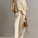 ElevenOra Chic Elegant Beige One Shoulder Short-Sleeve Lace Details Loose-Fit Sweater Wide-Leg Pants Ribbed Knit Two-Piece Set