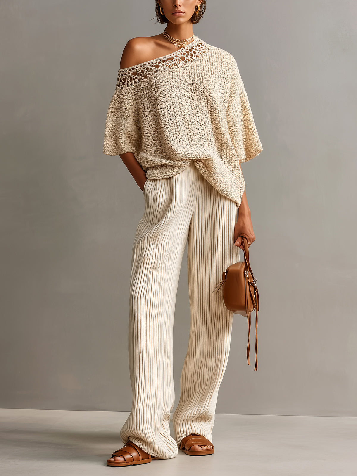 ElevenOra Chic Elegant Beige One Shoulder Short-Sleeve Lace Details Loose-Fit Sweater Wide-Leg Pants Ribbed Knit Two-Piece Set