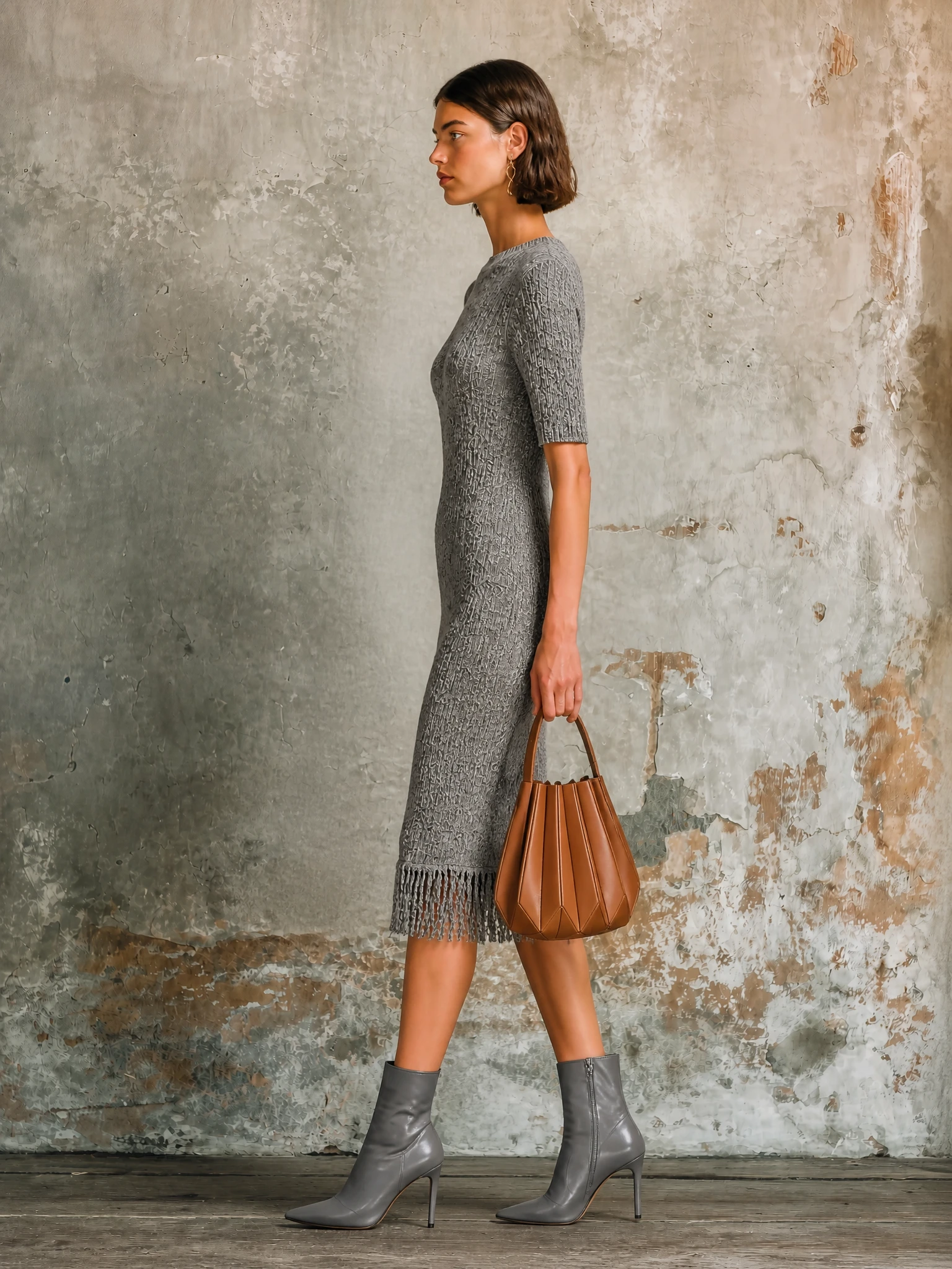 ElevenOra Chic Elegant Heather Grey Round-Neck Short-Sleeve Fringe Hem Slim-Fit Knit Midi Dress