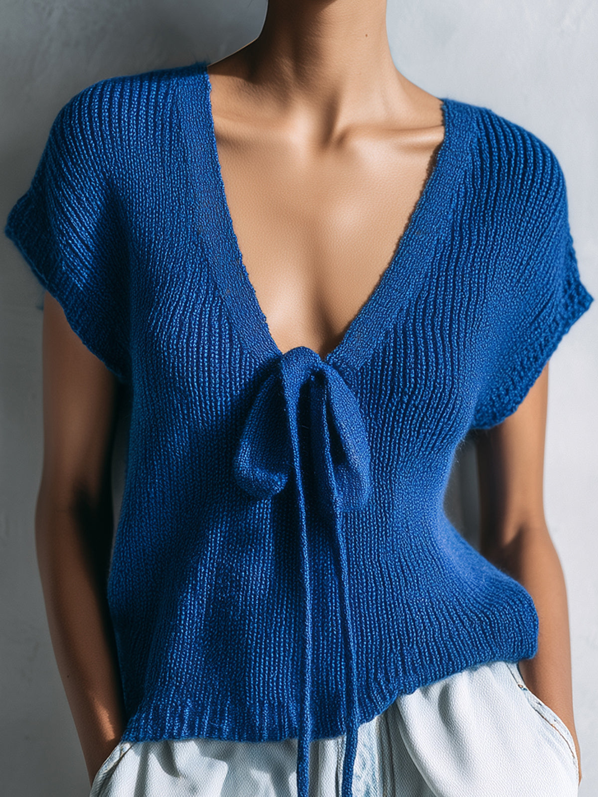 ElevenOra Chic Casual Royal Blue Deep V-Neck Tie-Bow Short-Sleeve Loose-Fit Knit Sweater Top