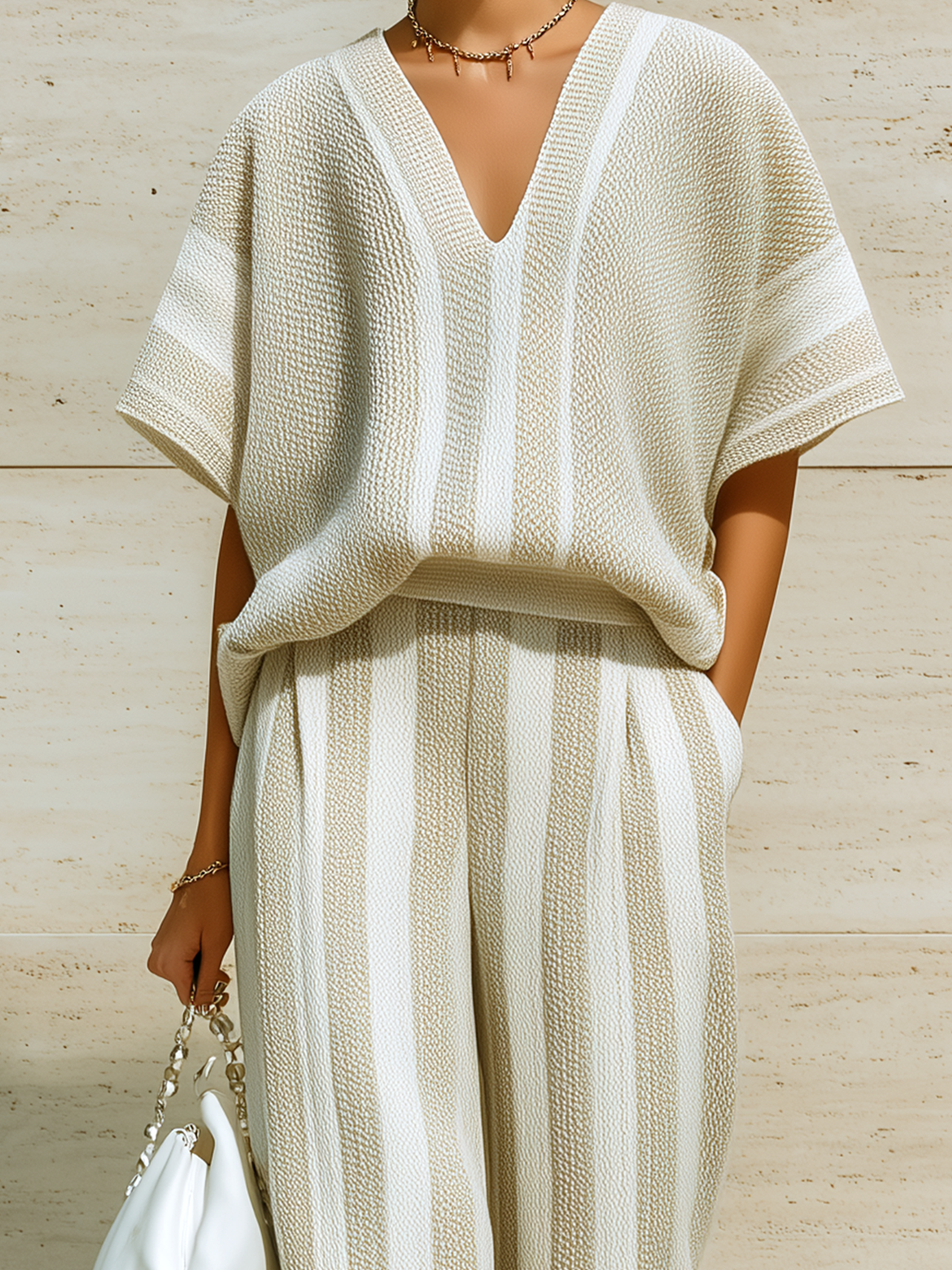 ElevenOra Chic Casual White-Beige Striped V-Neck Short-Sleeve Loose Sweater Wide-Leg Pants Knit Two-Piece Set