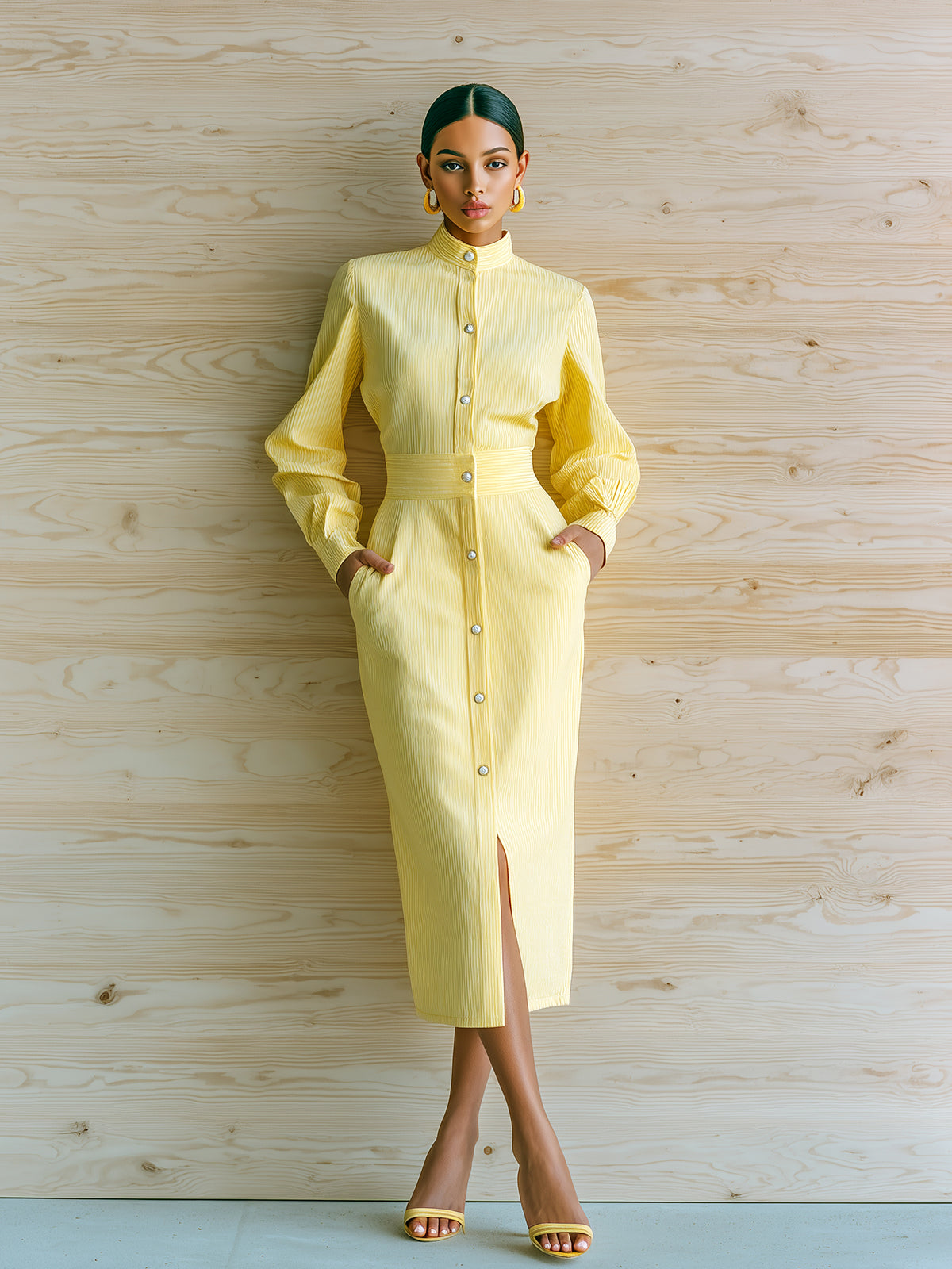 ElevenOra Chic Casual Yellow Ribbed Cotton Blend Stand Collar Pearl-Button Long Sleeve Tailored Waist Midi Dress